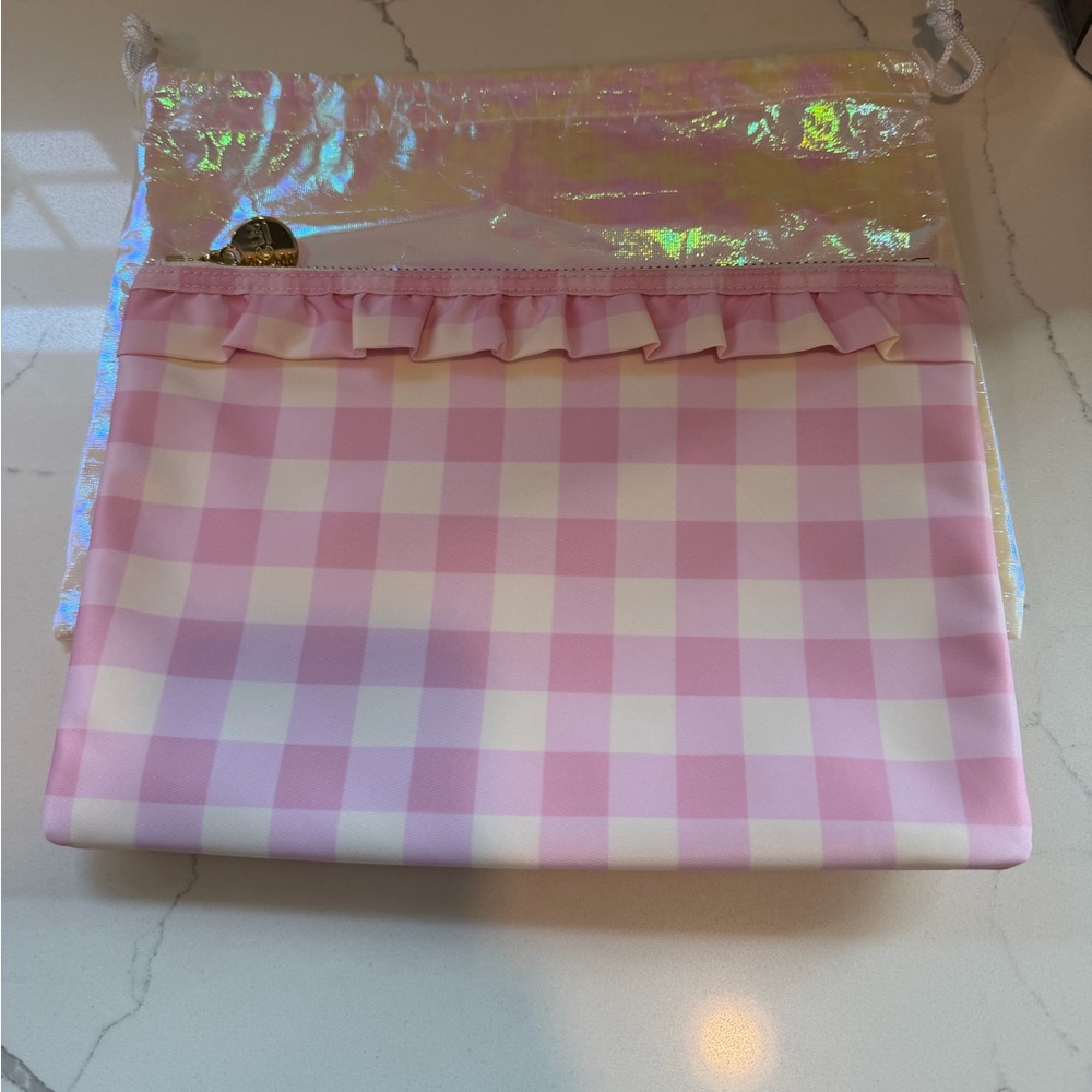 Stoney Clover Lane Pink Gingham Ruffle Flat Pouch